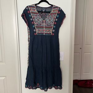 Johnny Was Navy Blue Embroidered Tiered Aztec Dress